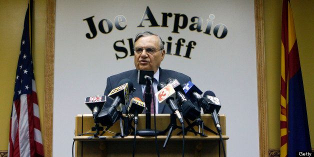 PHOENIX - FEBRUARY 11: Maricopa County Sheriff Officer Joe Arpaio speaks during a news conference regarding an immigration raid his officers conducted at HMI Contracting February 11, 2009 in Phoenix, Arizona. Several undocumented workers were arrested after Arpaio ordered the raid on the company, which has a contract with the County Board of Supervisors to do landscaping at county buildings. (Photo by Joshua Lott/Getty Images)