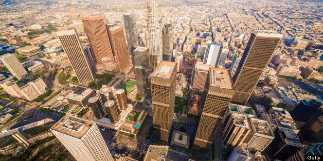 Aerial view of downtown skyscrapers in Los Angeles California
