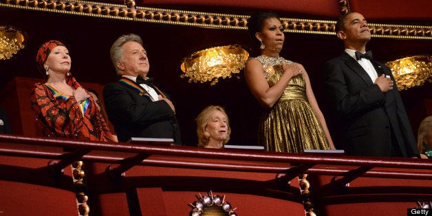 WASHINGTON, DC - DECEMBER 2: (L-R) Ballerina Natalia Makarova, actor Dustin Hoffman, First Lady Michelle Obama and President Barack Obama during the national anthem at the 35th Annual Kennedy Center Honors Gala in Washington, DC on December 2, 2012. Hoffman and Makarova are among the honorees this year as well as comedian David Letterman, musician Buddy Guy, and Led Zepplin band. (Photo by Linda Davidson / The Washington Post via Getty Images)