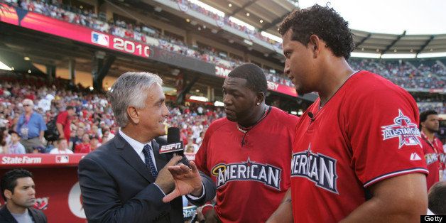 ANAHEIM, CA - July 12: (L to R) ESPN's Pedro Gomez interviews American League All-Stars David Ortiz and Miguel Cabrera during the 2010 State Farm Home Run Derby at Angel Stadium of Anaheim on July 12, 2010 in Anaheim, California. (Photo by Michael Zagaris/Getty Images)