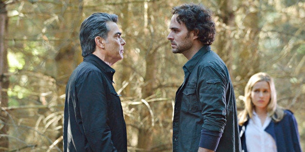 COVERT AFFAIRS -- 'I've Been Waiting For You' Episode 408 -- Pictured: (l-r) Peter Gallagher as Arthur Campbell, Manolo Cardo