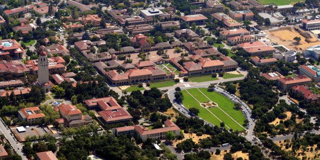 Aerial view of Stanford University campus including Hoover Tower, Main Quad, the Oval and Memorial Church. Stanford, California, USA.