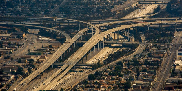 An aerial view of Interstate Highway 405 in Los Angeles is seen on June 12, 2013. AFP PHOTO/JOE KLAMAR (Photo credit should read JOE KLAMAR/AFP/Getty Images)