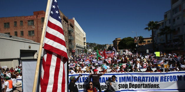 LOS ANGELES, CA - OCTOBER 05: Thousands of immigration advocates gather for a National Day of Dignity and Respect march on October 5, 2013 in Los Angeles, California. Thousands of people in more than 150 events nationwide demonstrated in favor of comprehensive immigration reform. (Photo by John Moore/Getty Images)