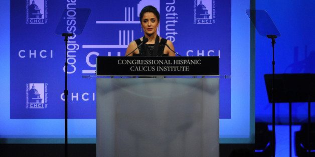 WASHINGTON, DC - OCTOBER 02: Salma Hayek speaks after accepting her Chair's Medallion award at the Congressional Hispanic Caucus Institute 2013 gala at The Walter E. Washington Convention Center on October 2, 2013 in Washington, DC. (Photo by Larry French/Getty Images)