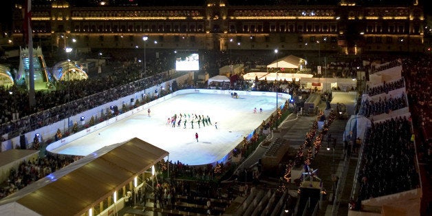 MEXICO CITY, MEXICO - DECEMBER 06: A genereal view during the opening of a skating ice rink at Zocalo Square on December 6,