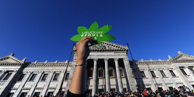 People take part in a demo for the legalization of marijuana in front of the Legislative Palace in Montevideo, on December 10