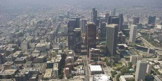 An aerial view shows downtown Los Angeles on August 7, 2013. AFP PHOTO/Mandel NGAN (Photo credit should read MANDEL NGAN/AFP/Getty Images)