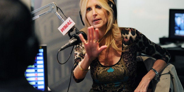 WASHINGTON, DC - OCTOBER 23: Ann Coulter, center, talks with Chris Plante, left, during his WMAL radio program on Wednesday October 23, 2013 in Washington, DC. Coulter is promoting her new book, 'Never Trust a Liberal Over 3-Especially a Republican'. (Photo by Matt McClain/ The Washington Post via Getty Images)