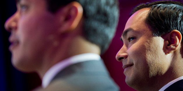UNITED STATES - AUGUST 30: Rep. Joaquin Castro, D-Texas, right, and his brother Julian Castro, Mayor of San Antonio, attend an event at the Henry B. Gonzalez Convention Center in downtown San Antonio to kick of the Festival People en Espanol that celebrates hispanic entertainment. (Photo By Tom Williams/CQ Roll Call)