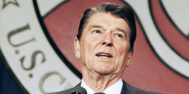 FILE - In this April 24, 1986 file photo, President Ronald Reagan addresses the U.S. Chamber of Commerce in Washington, D.C.