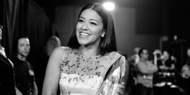 LOS ANGELES, CA - JANUARY 07: (EDITORS NOTE: This Image was taken in B/W color not availabe). Actress Gina Rodriguez, backstage duringThe 41st Annual People's Choice Awards at Nokia Theatre LA Live on January 7, 2015 in Los Angeles, California. (Photo by Frazer Harrison/Getty Images for The People's Choice Awards)