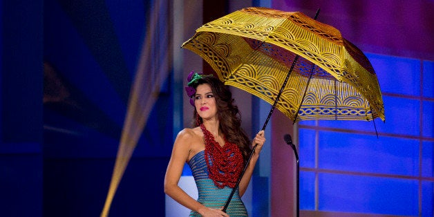 Miss Colombia, Paulina Vega, poses for the judges, during the national costume show during the 63rd annual Miss Universe Competition in Miami, Fla., Wednesday, Jan. 21, 2015. (AP Photo/J Pat Carter)