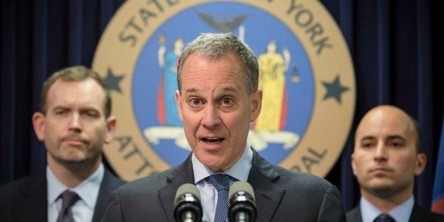 New York State Attorney General Eric Schneiderman speaks during a news conference Wednesday, June 25, 2014, in New York. Schneiderman announced Wednesday that he is suing banking and financial services firm Barclays. (AP Photo/John Minchillo)