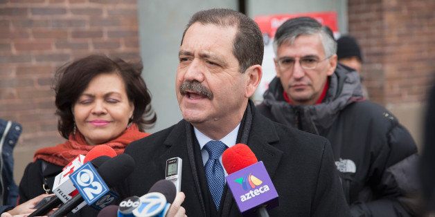 CHICAGO, IL - FEBRUARY 24: With his wife Evelyn by his side, Chicago Mayoral candidate Jesus 'Chuy' Garcia speaks to the press after casting his ballot on election day February 24, 2015 in Chicago, Illinois. Recent polls show Garcia is running second to incumbent Mayor Rahm Emanuel, whose close lead is not currently predicted to be large enough to avoid a runoff election. (Photo by Scott Olson/Getty Images)