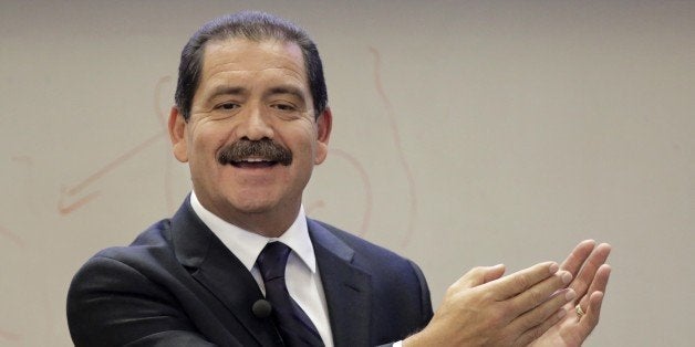 FILE - In this Oct. 29, 2014, file photo, Chicago mayoral candidate, Cook County Commissioner Jesus "Chuy" Garcia speaks at t