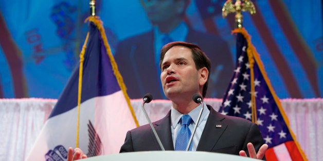 Republican presidential hopeful Sen. Marco Rubio, R-Fla., speaks at the Iowa Faith & Freedom 15th Annual Spring Kick Off, in Waukee, Iowa, Saturday, April 25, 2015. (AP Photo/Nati Harnik)