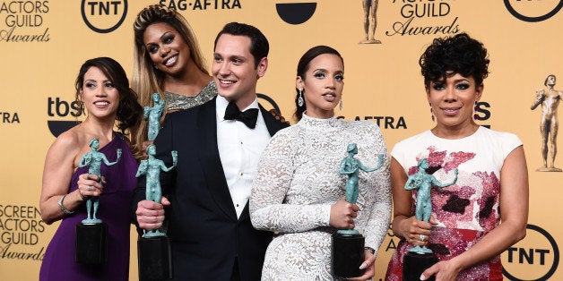 Elizabeth Rodriguez, from left, Laverne Cox, Matt McGorry, Dascha Polanco and Selenis Leyva pose in the press room with the a