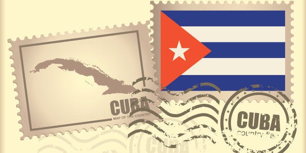 postage stamp and the seal with the image of the card and the flag of the Cuba