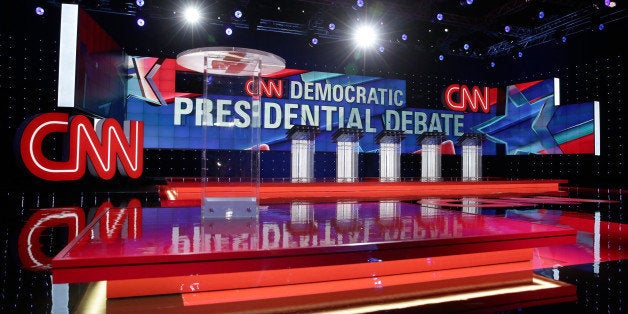 LAS VEGAS, NV - OCTOBER 13: A general view shows the stage during a walk-through before a Democratic presidential debate spo