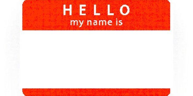 Red color name tag empty sticker HELLO my name is with drop gray shadow on white background. 