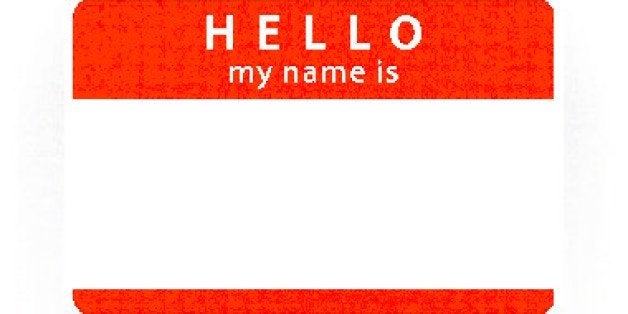 Red color name tag empty sticker HELLO my name is with drop gray shadow on white background.