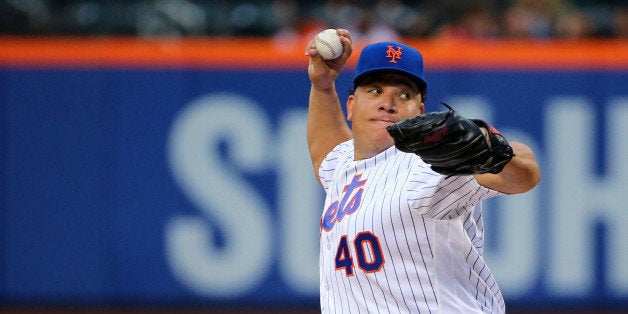 May 2, 2016; New York City, NY, USA; New York Mets starting pitcher Bartolo Colon (40) pitches during the first inning agains