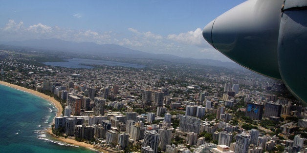 Airplane flying from San Juan to island of Culebra at Puerto Rico.