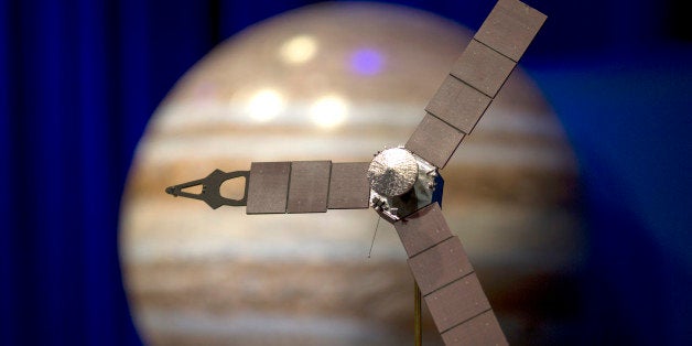 PASADENA, CA - JUNE 30: A desktop model of the Juno spacecraft is seen as NASA officials and the public look forward to the I
