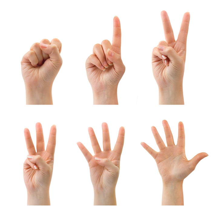 Counting woman hands (0 to 5) isolated on white background