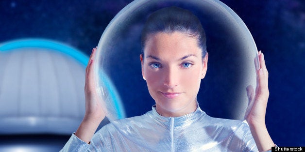 astronaut beautiful future woman in astronomical observatory [Photo Illustration]