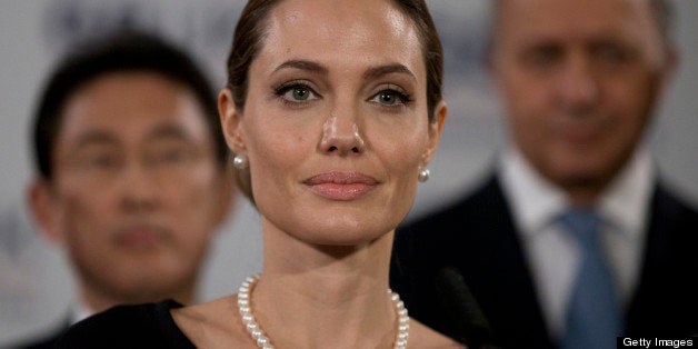 LONDON, ENGLAND - APRIL 11: Actress Angelina Jolie, in her role as UN envoy, talks during a news conference regarding sexua
