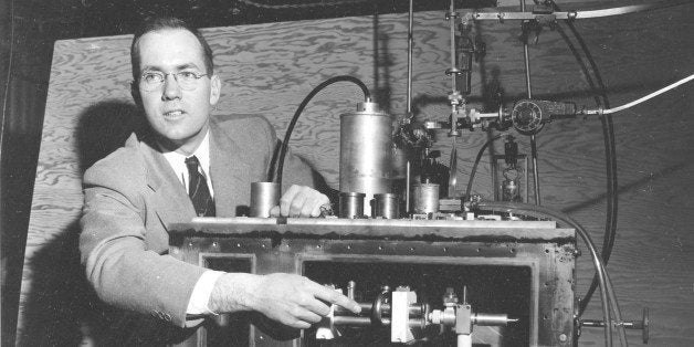 Charles H. Townes, Columbia University professor and Nobel Laureate, explains his invention the maser during a news conference in New York City, Jan. 25, 1955. The maser, microwave amplification by stimulated emission of radiation, uses directly the energy radiated by molecules of ammonia gas. (AP Photo)