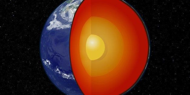 Cutaway artwork showing the internal structure of the Earth. Below the outer rocky layer (lithosphere), a zone of near-molten rock called the mantle (red) extends down to 2900 kilometres (km). Mantle material rises to form new lithosphere at mid-ocean ridg