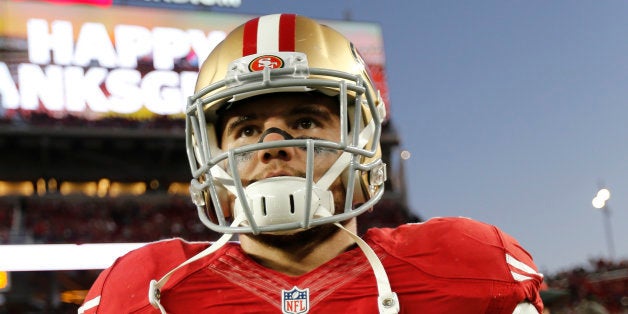 SANTA CLARA, CA - NOVEMBER 27: Chris Borland #50 of the San Francisco 49ers stands on the field prior to the game against the Seattle Seahawks at Levi Stadium on November 27, 2014 in Santa Clara, California. The Seahawks defeated the 49ers 19-3. (Photo by Michael Zagaris/San Francisco 49ers/Getty Images)