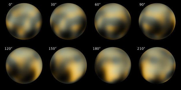 This combination of images made by NASA's Hubble Space Telescope in 2002 and 2003 shows Pluto at different angles. NASA's New Horizons spacecraft is nearing the end of its nine-year voyage to Pluto, and has just over 100 million miles to go before getting there in July 2015. Starting Sunday, Jan. 25, 2015, it will begin photographing the mysterious, unexplored, icy world once deemed a planet. (AP Photo/NASA, ESA, M. Buie)