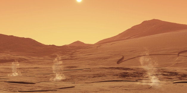 This image shows a summerday from mars with little dust devils