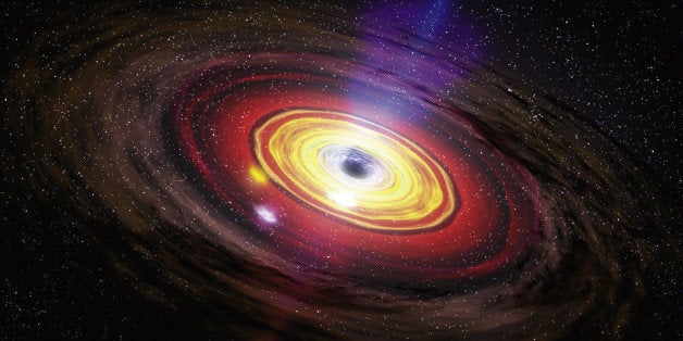 Dana Berry (SkyWorks Digital) is the amazing artist who created this illustration depicting a black hole with matter swirling around it. See my Bad Astronomy blog for more details.