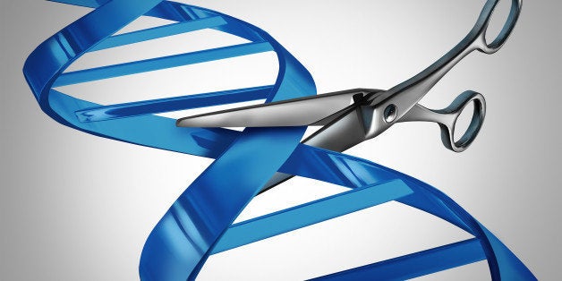 Gene editing health care concept as molecular scissors cutting a dna strand as a medical science and biology technology symbol for changing genetic material to help cure disease.