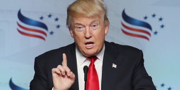 WASHINGTON, DC - JUNE 10: Presumptive Republican Presidential nominee Donald Trump speaks during the Faith and Freedom Forum Coalition's 'Road to Majority' conference on June 10, 2016 in Washington, DC. Trump used a teleprompter to deliver his speech to the religious conference. (Photo by Mark Wilson/Getty Images)