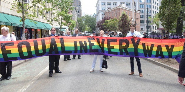 MANHATTAN, NEW YORK CITY, NEW YORK, UNITED STATES - 2016/06/27: 'Equal In Every Way' banner on Christopher Street. Mayor Bill de Blasio joined members of the NY city council, National Parks Service, dept of the interior and veterans of the 1969 Stonewall uprising for a formal dedication of the Stonewall Tavern in Manhattan's West Village as a National Monument, the first LGBT themed in the US. (Photo by Andy Katz/Pacific Press/LightRocket via Getty Images)