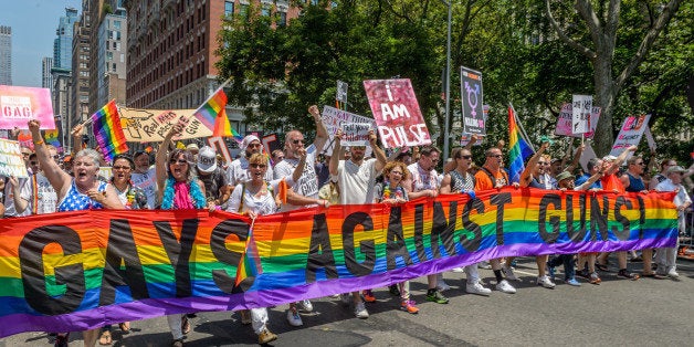 GAY PRIDE PARADE, NEW YORK, UNITED STATES - 2016/06/26: Gays Against Guns (GAG) - Thousands of people came out and commemorate the 46th anniversary of the first Pride March with the largest Pride March in the country. This event is the largest for the LGBT community. The first March was held in 1970 and has since become an annual civil rights demonstration. Over the years its purpose has broadened to include recognition of the fight against AIDS and to remember those we have lost to illness, violence and neglect. The March is a celebration of our lives and our community. (Photo by Erik McGregor/Pacific Press/LightRocket via Getty Images)