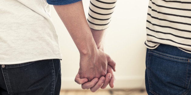 Rear view midsection of young homosexual couple holding hands at home