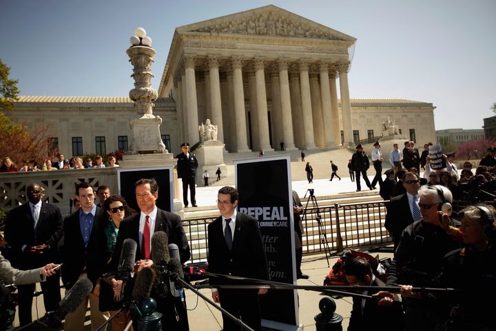 WASHINGTON, DC - MARCH 26: Republican presidential candidate, former Sen. Rick Santorum (R-PA) delivers remarks in front of the Supreme Court on the first day of oral arguements in the Patient Protection and Affordable Care Act March 26, 2012 in Washington, DC. Today the high court, which has set aside six hours over three days, heard arguments over the constitutionality of the act. (Photo by Chip Somodevilla/Getty Images)