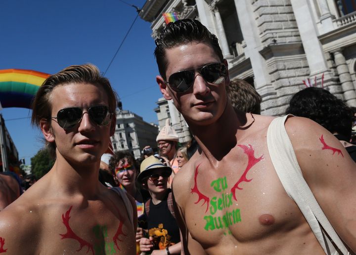 People participate on June 16, 2012 in the Rainbow Parade march in Vienna, bringing together lesbian, gay, bisexual, transgender and transsexual people. AFP PHOTO / ALEXANDER KLEIN (Photo credit should read ALEXANDER KLEIN/AFP/GettyImages)