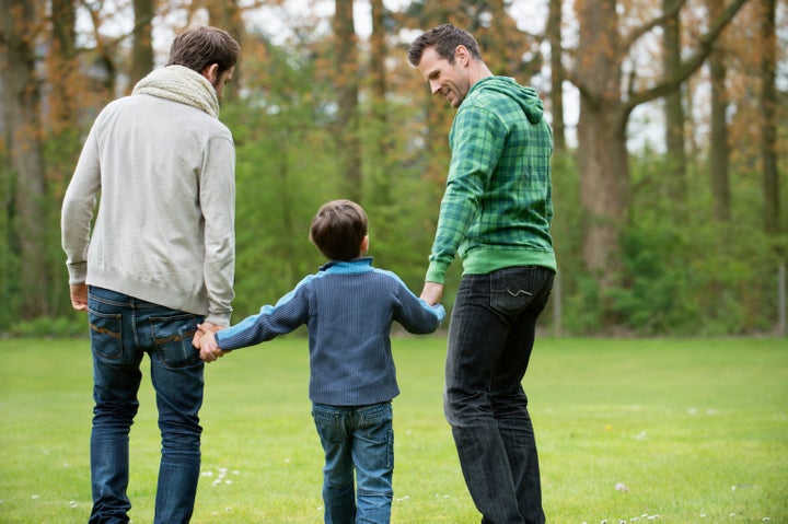 Rear view of a boy walking with two men in a park