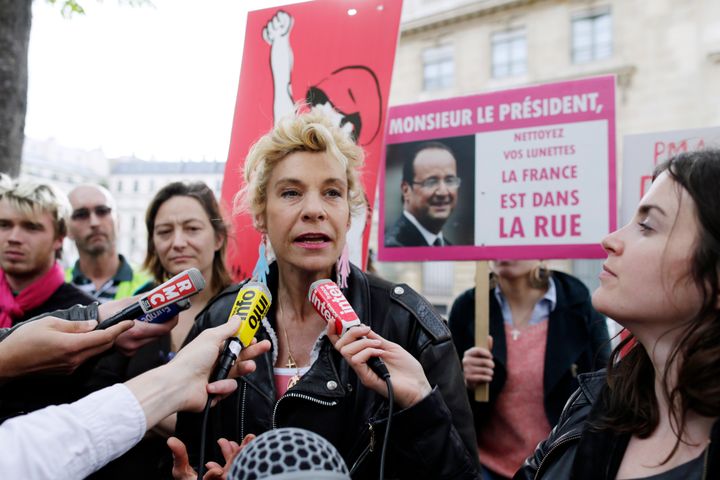 Anti gay marriage activist Frigide Barjot talks to journalists during a press conference of the movement 'La Manif Pour Tous' (Demonstration for all!), in front of the National Assembly, on April 15, 2013 in Paris. The final vote on France's landmark bill allowing gay marriage has been fast-tracked to next week, parliament sources said the day before, as opponents ramp up protests amid accusations the law is being rushed through. AFP PHOTO/KENZO TRIBOUILLARD (Photo credit should read KENZO TRIBOUILLARD/AFP/Getty Images)