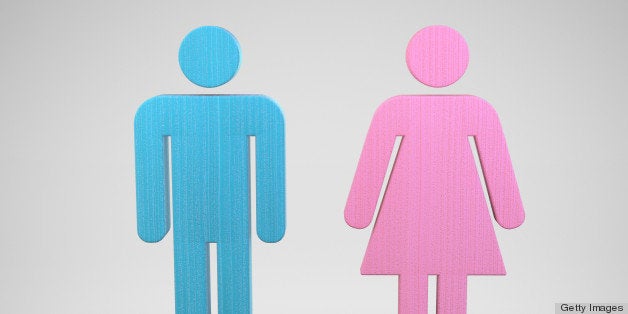 A blue wooden symbol of a man and a pink wooden symbol of a woman.