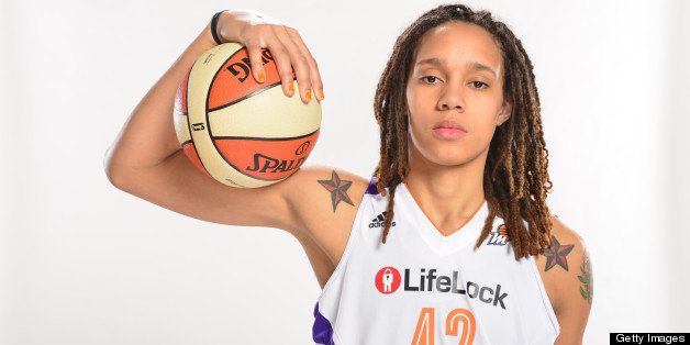 PHOENIX, AZ - APRIL 20: Brittney Griner #42 of the Phoenix Mercury poses for a photo before the press conference and introduction to the team on April 20, 2013 at U.S. Airways Center in Phoenix, Arizona. NOTE TO USER: User expressly acknowledges and agrees that, by downloading and or using this photograph, user is consenting to the terms and conditions of the Getty Images License Agreement. Mandatory Copyright Notice: Copyright 2013 NBAE (Photo by Barry Gossage/NBAE via Getty Images)