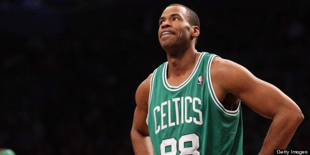 NEW YORK, NY - NOVEMBER 15: Jason Collins #98 of the Boston Celtics takes a break in the game against the Brooklyn Nets at the Barclays Center on November 15, 2012 in the Brooklyn borough of New York City. NOTE TO USER: User expressly acknowledges and agrees that, by downloading and/or using this photograph, user is consenting to the terms and conditions of the Getty Images License Agreement. (Photo by Bruce Bennett/Getty Images) 